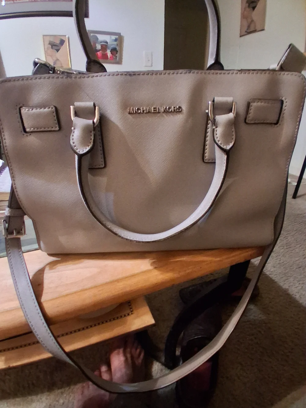 Michael Kors Beige Saffiano Leather Satchel with Gold Logo